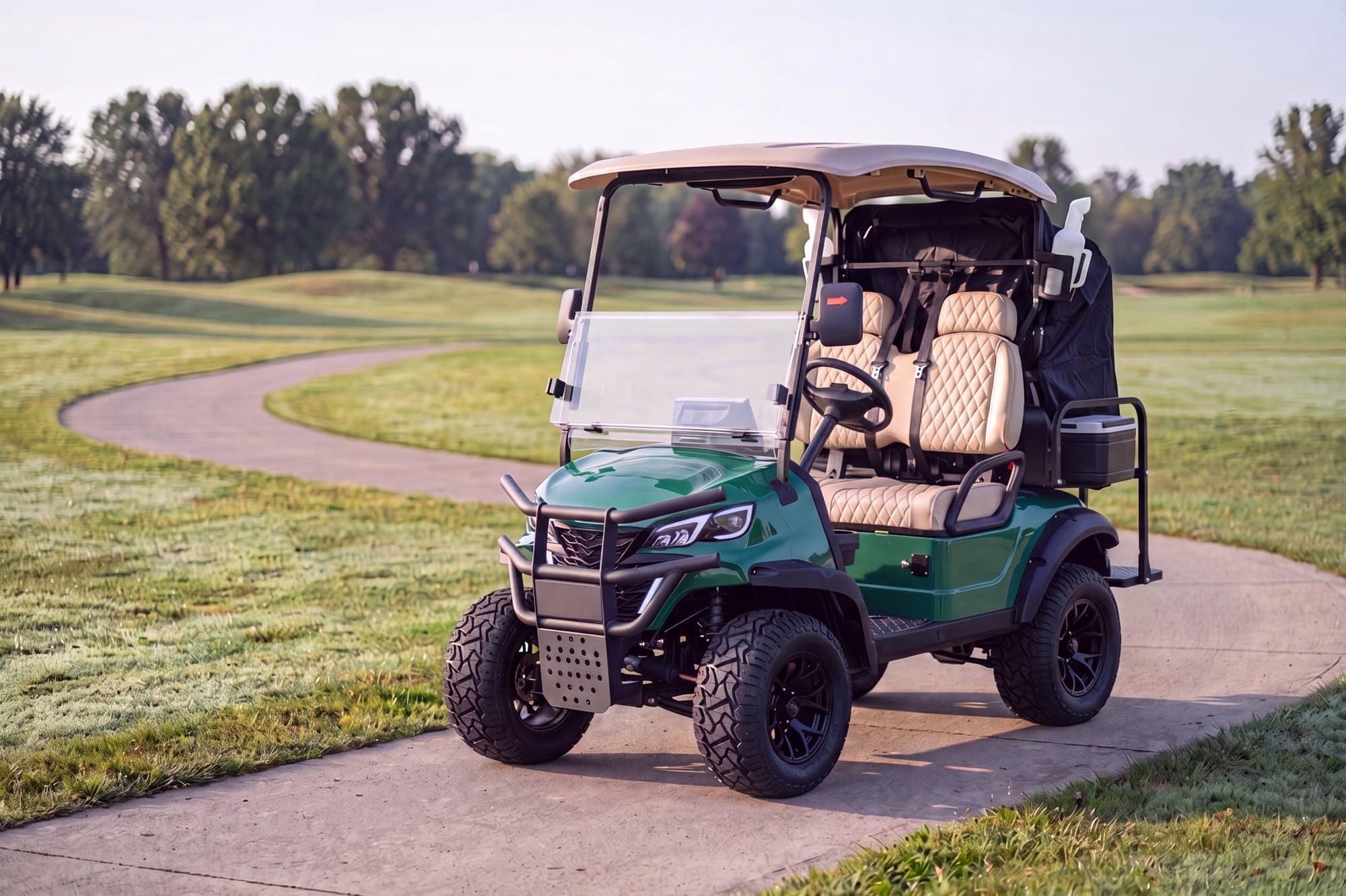 EA2GOLF 60V two-seat lithium electric golf cart in green with tan seats on a golf course path