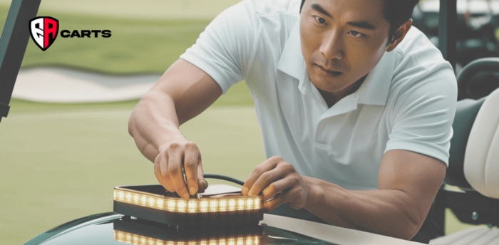 man installing led lights on a golf cart