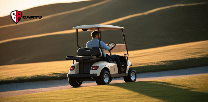 man driving a golf cart on a hilly terrain